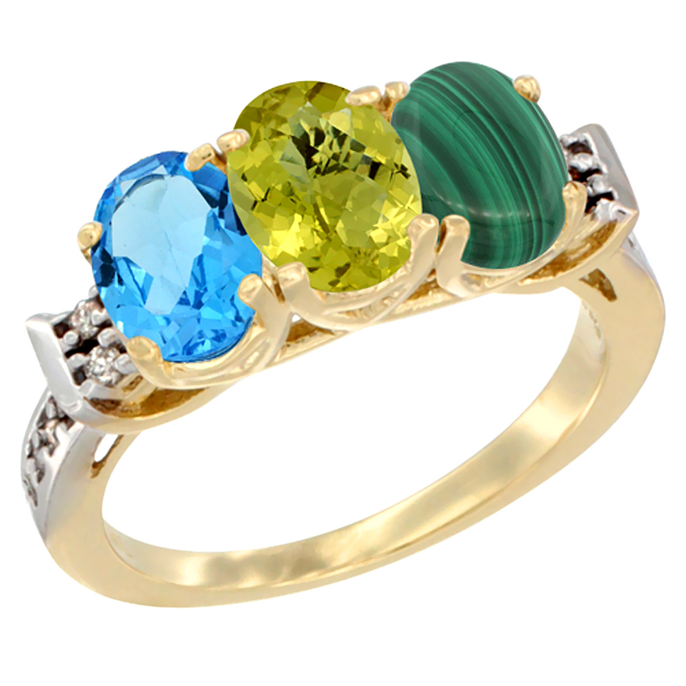 10K Yellow Gold Natural Swiss Blue Topaz, Lemon Quartz & Malachite Ring 3-Stone Oval 7x5 mm Diamond Accent, sizes 5 - 10