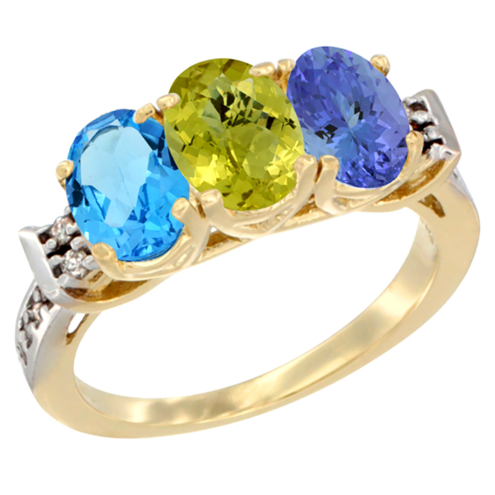 14K Yellow Gold Natural Swiss Blue Topaz, Lemon Quartz & Tanzanite Ring 3-Stone 7x5 mm Oval Diamond Accent, sizes 5 - 10