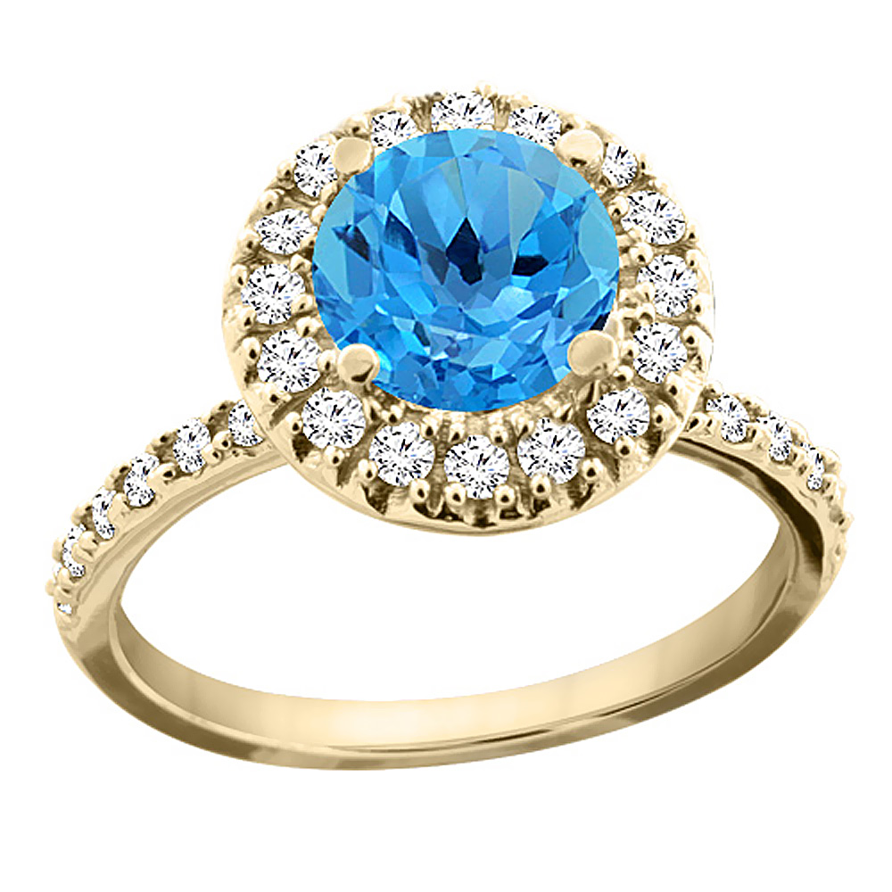 10K Yellow Gold Genuine Blue Topaz Ring Round 8mm Floating Halo Diamond sizes 5 - 10