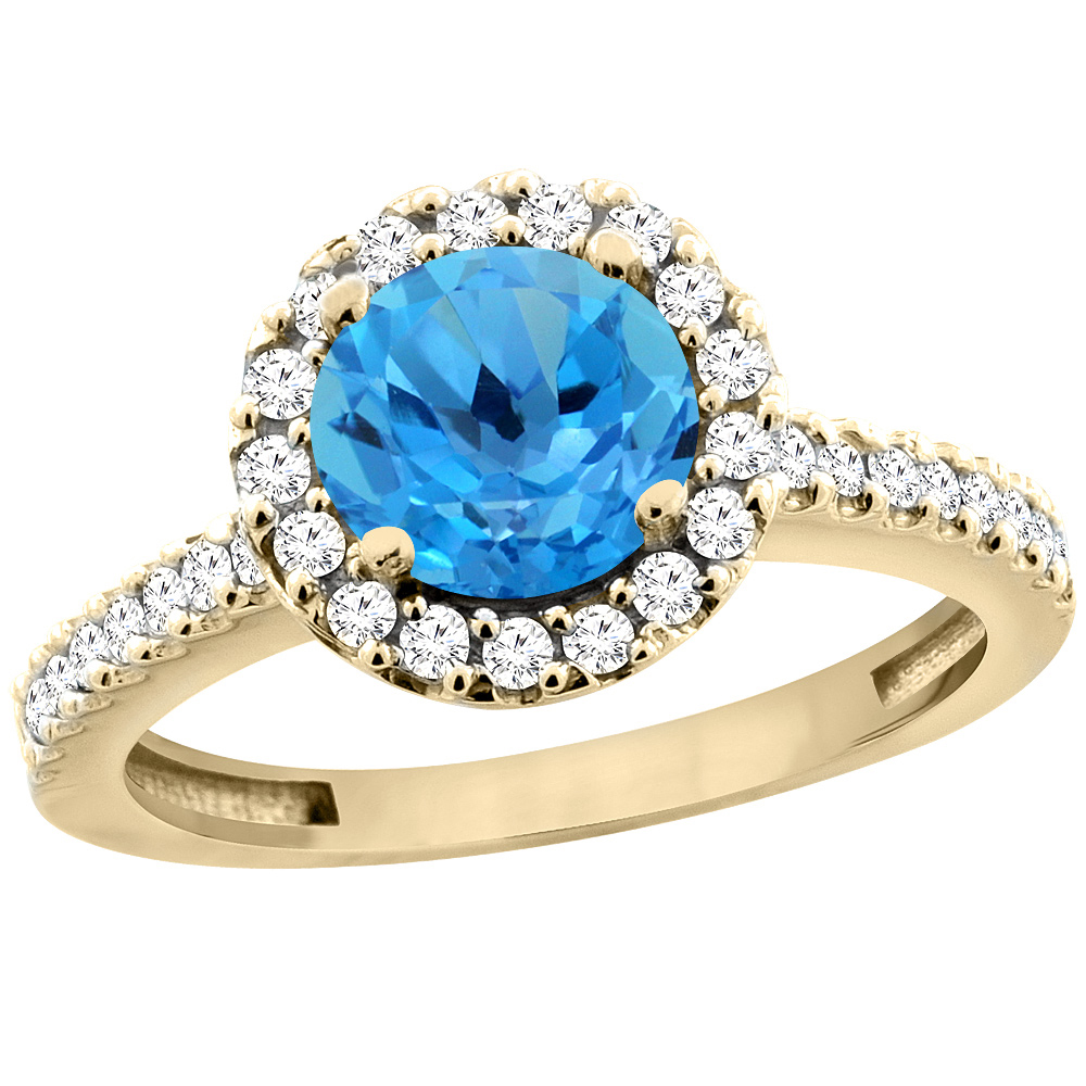 10K Yellow Gold Genuine Blue Topaz Ring Round 6mm Floating Halo Diamond sizes 5 - 10