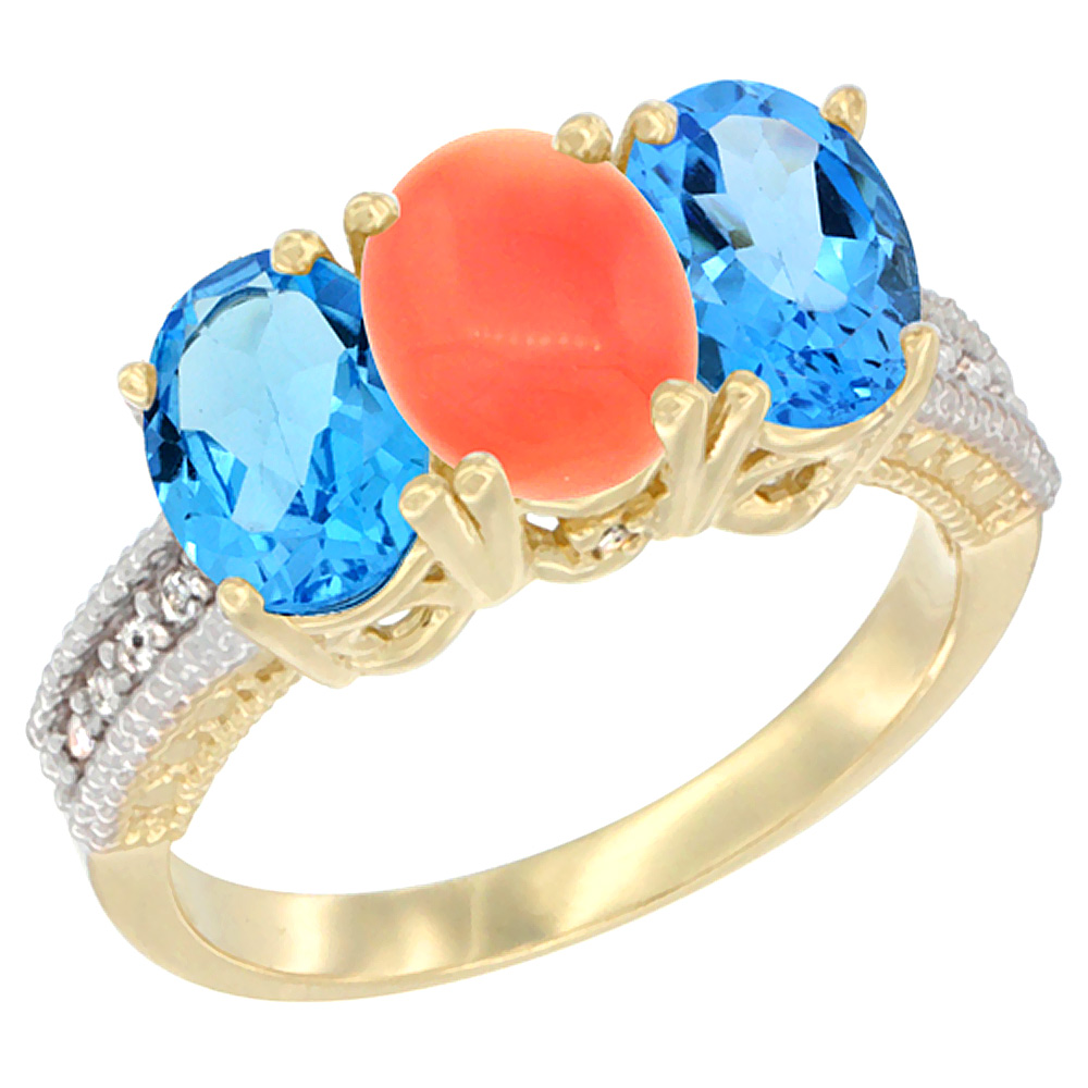 10K Yellow Gold Diamond Natural Coral & Swiss Blue Topaz Ring 3-Stone Oval 7x5 mm, sizes 5 - 10