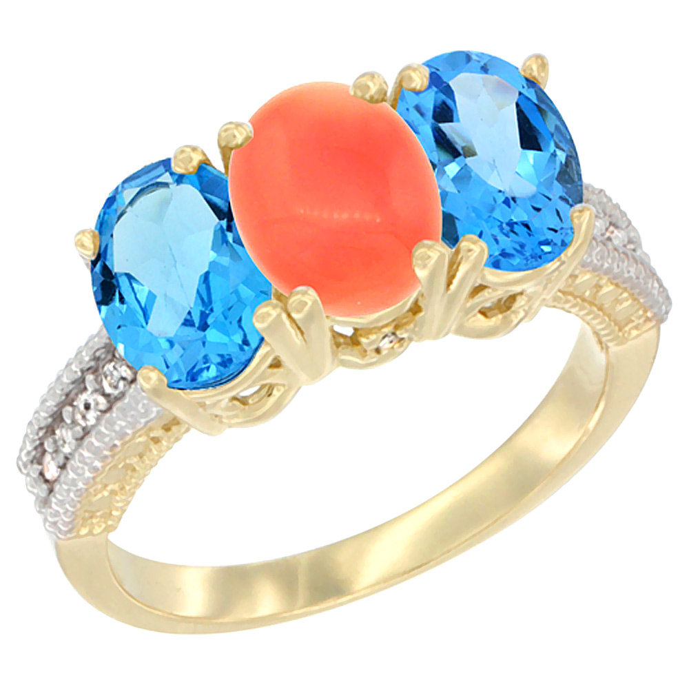 14K Yellow Gold Natural Coral & Swiss Blue Topaz Sides Ring 3-Stone 7x5 mm Oval Diamond Accent, sizes 5 - 10