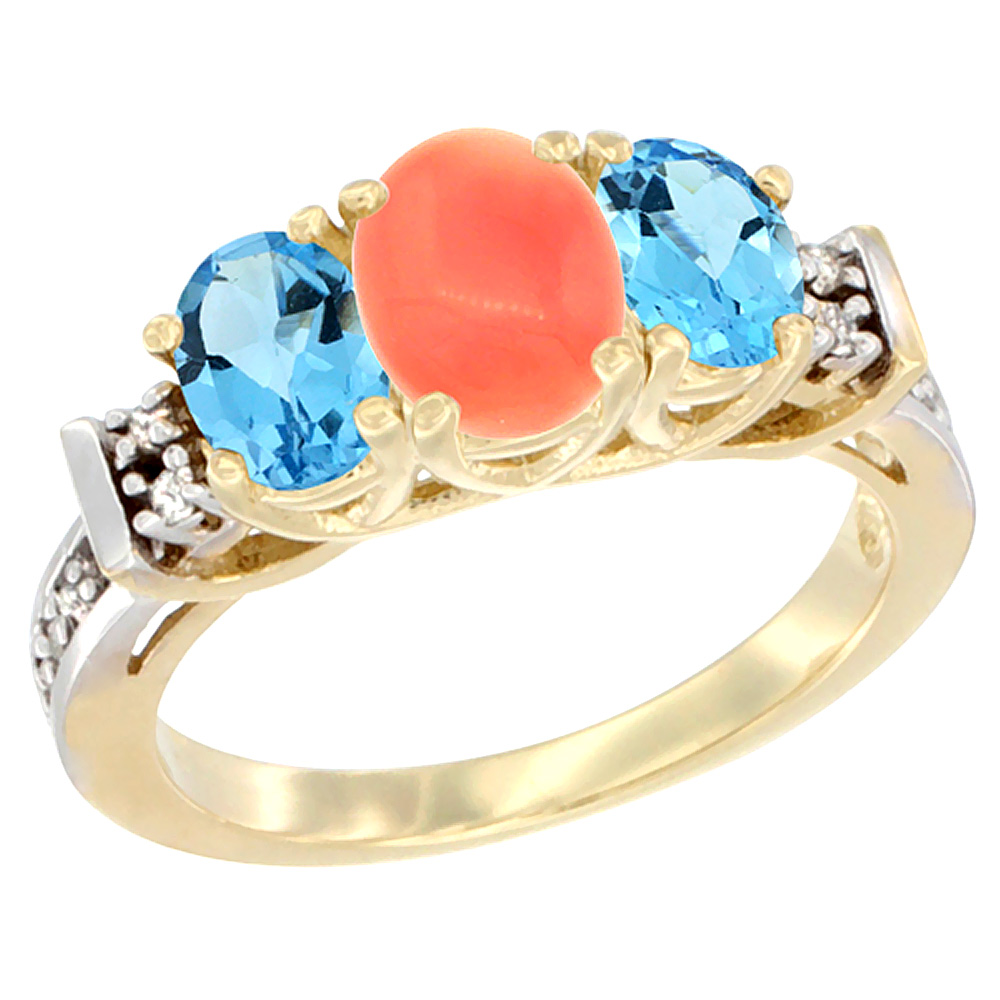 14K Yellow Gold Natural Coral & Swiss Blue Topaz Ring 3-Stone Oval Diamond Accent