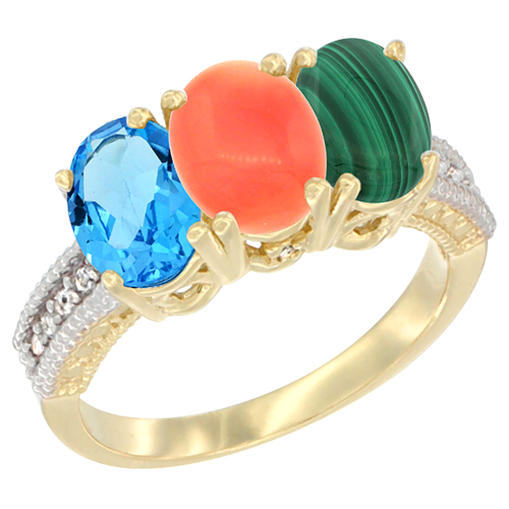 14K Yellow Gold Natural Swiss Blue Topaz, Coral & Malachite Ring 3-Stone 7x5 mm Oval Diamond Accent, sizes 5 - 10