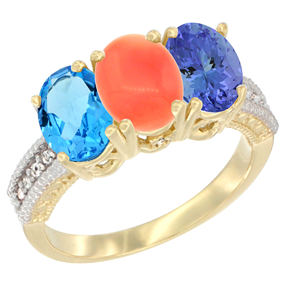 10K Yellow Gold Diamond Natural Swiss Blue Topaz, Coral & Tanzanite Ring 3-Stone Oval 7x5 mm, sizes 5 - 10