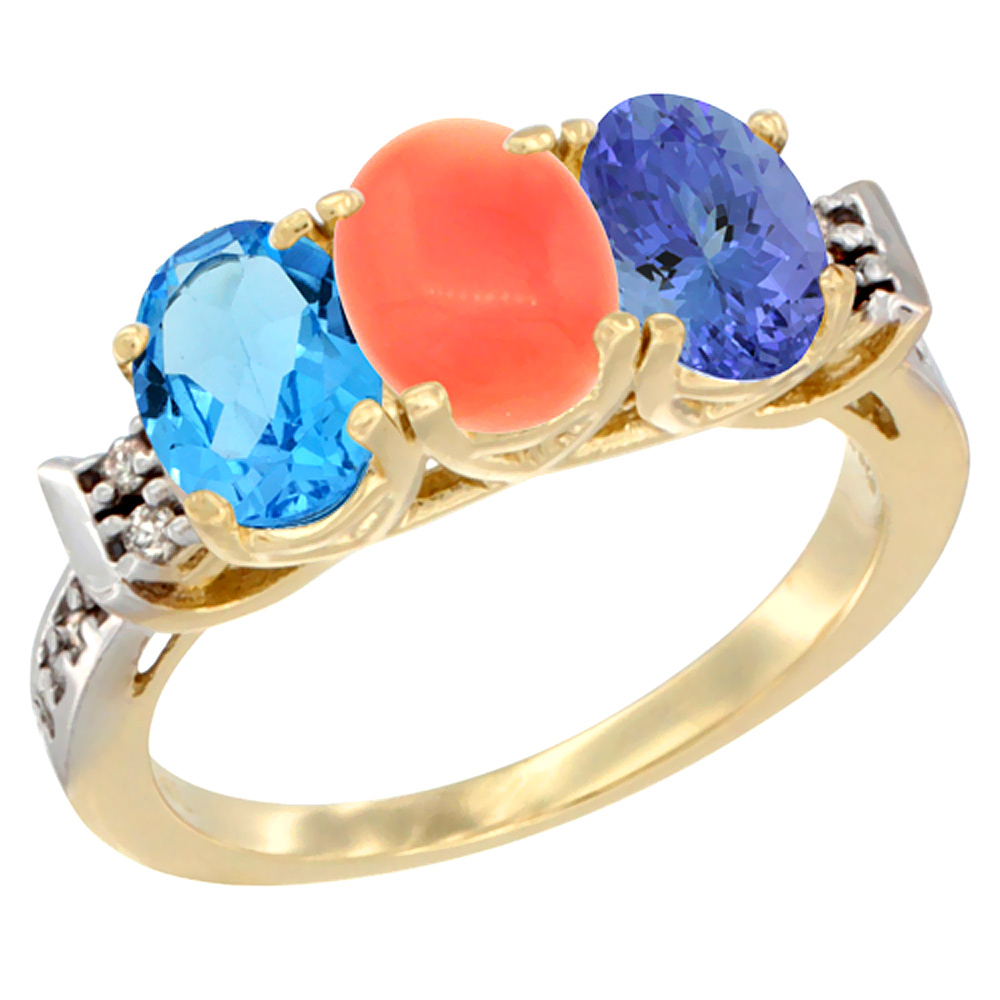 10K Yellow Gold Natural Swiss Blue Topaz, Coral & Tanzanite Ring 3-Stone Oval 7x5 mm Diamond Accent, sizes 5 - 10