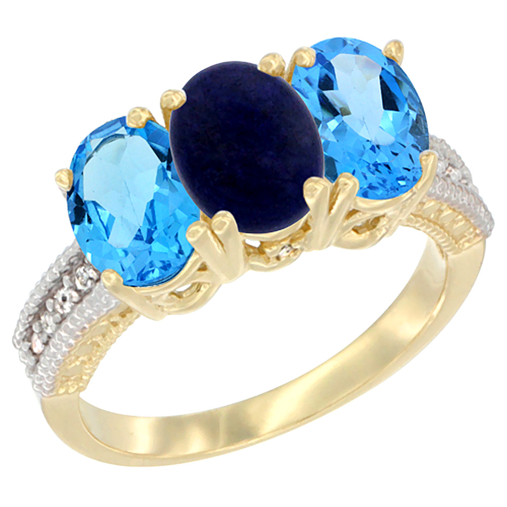 10K Yellow Gold Diamond Natural Lapis &amp; Swiss Blue Topaz Ring 3-Stone Oval 7x5 mm, sizes 5 - 10