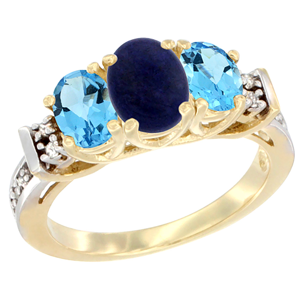 14K Yellow Gold Natural Lapis & Swiss Blue Topaz Ring 3-Stone Oval Diamond Accent