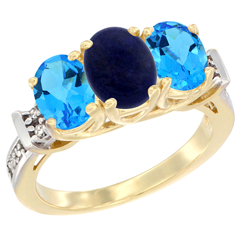 14K Yellow Gold Natural Lapis &amp; Swiss Blue Topaz Sides Ring 3-Stone Oval Diamond Accent, sizes 5 - 10