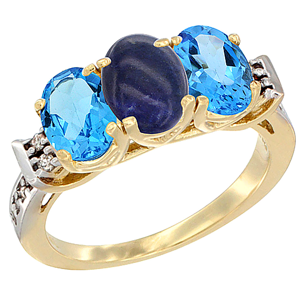 14K Yellow Gold Natural Lapis &amp; Swiss Blue Topaz Sides Ring 3-Stone 7x5 mm Oval Diamond Accent, sizes 5 - 10