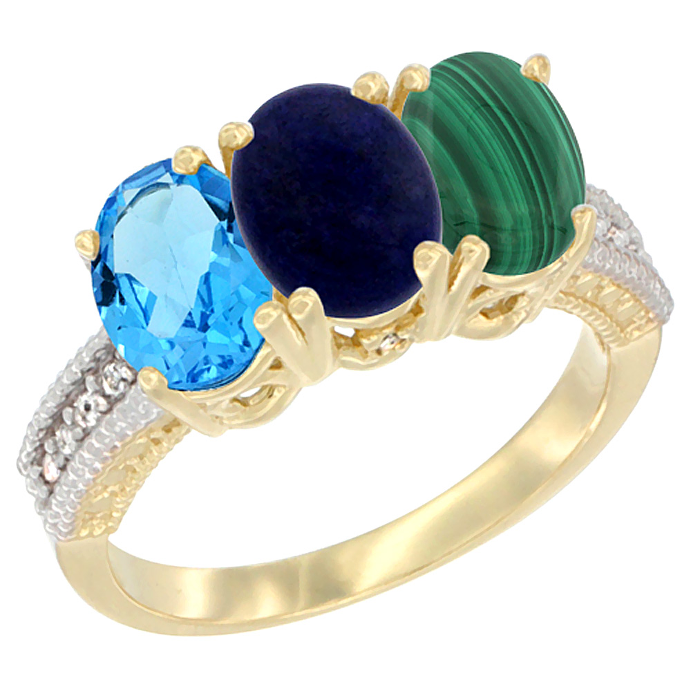 14K Yellow Gold Natural Swiss Blue Topaz, Lapis & Malachite Ring 3-Stone 7x5 mm Oval Diamond Accent, sizes 5 - 10