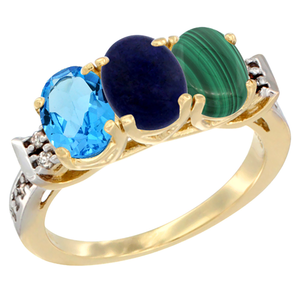 10K Yellow Gold Natural Swiss Blue Topaz, Lapis & Malachite Ring 3-Stone Oval 7x5 mm Diamond Accent, sizes 5 - 10