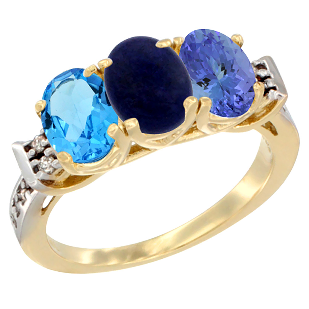 10K Yellow Gold Natural Swiss Blue Topaz, Lapis &amp; Tanzanite Ring 3-Stone Oval 7x5 mm Diamond Accent, sizes 5 - 10