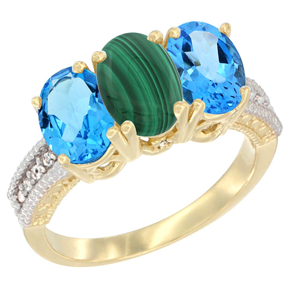 14K Yellow Gold Natural Malachite & Swiss Blue Topaz Sides Ring 3-Stone 7x5 mm Oval Diamond Accent, sizes 5 - 10