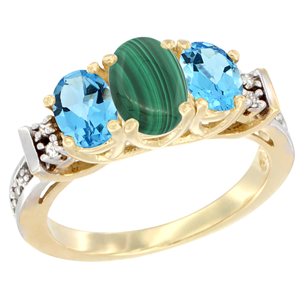 14K Yellow Gold Natural Malachite & Swiss Blue Topaz Ring 3-Stone Oval Diamond Accent