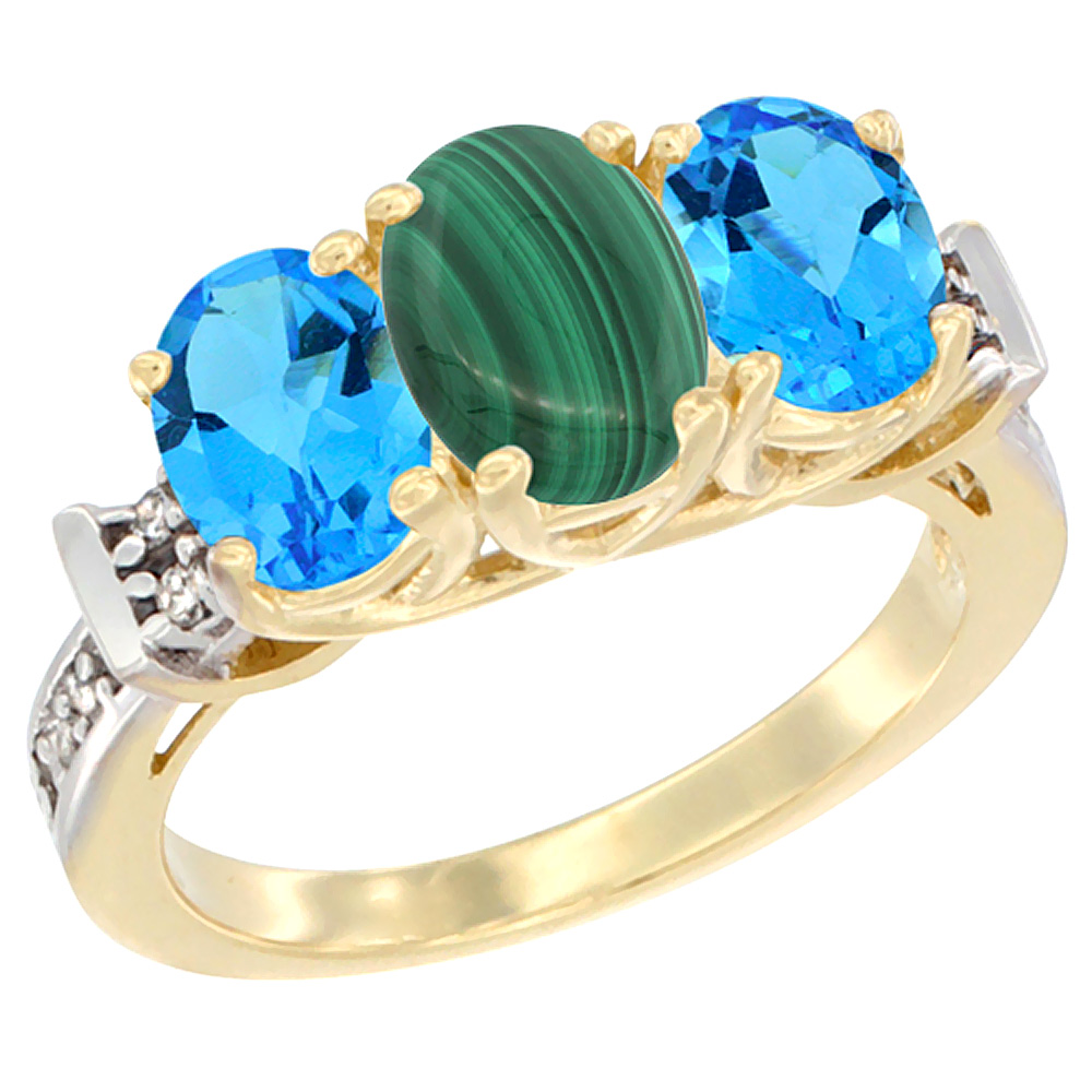 10K Yellow Gold Natural Malachite & Swiss Blue Topaz Sides Ring 3-Stone Oval Diamond Accent, sizes 5 - 10