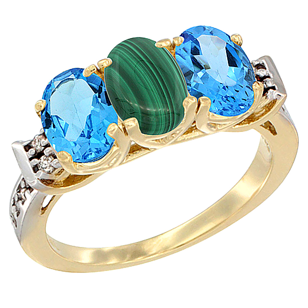 10K Yellow Gold Natural Malachite & Swiss Blue Topaz Sides Ring 3-Stone Oval 7x5 mm Diamond Accent, sizes 5 - 10