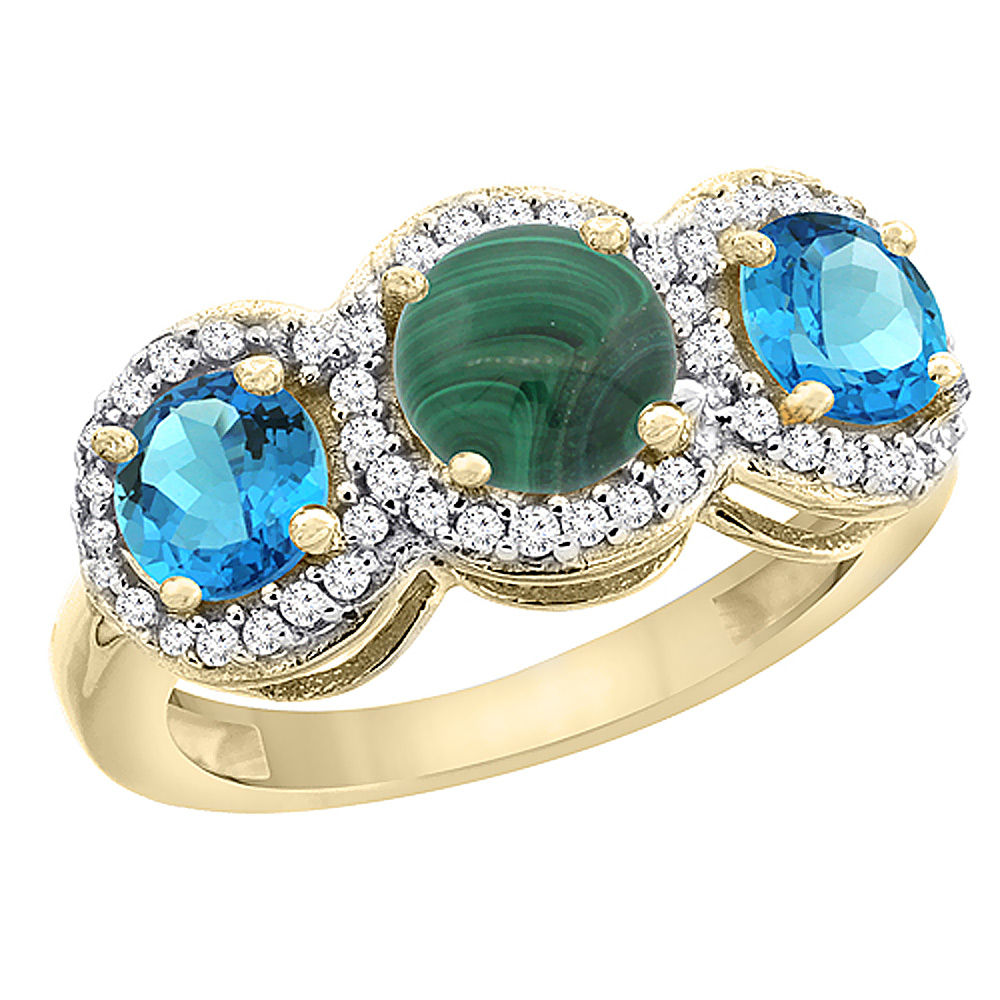 10K Yellow Gold Natural Malachite & Swiss Blue Topaz Sides Round 3-stone Ring Diamond Accents, sizes 5 - 10