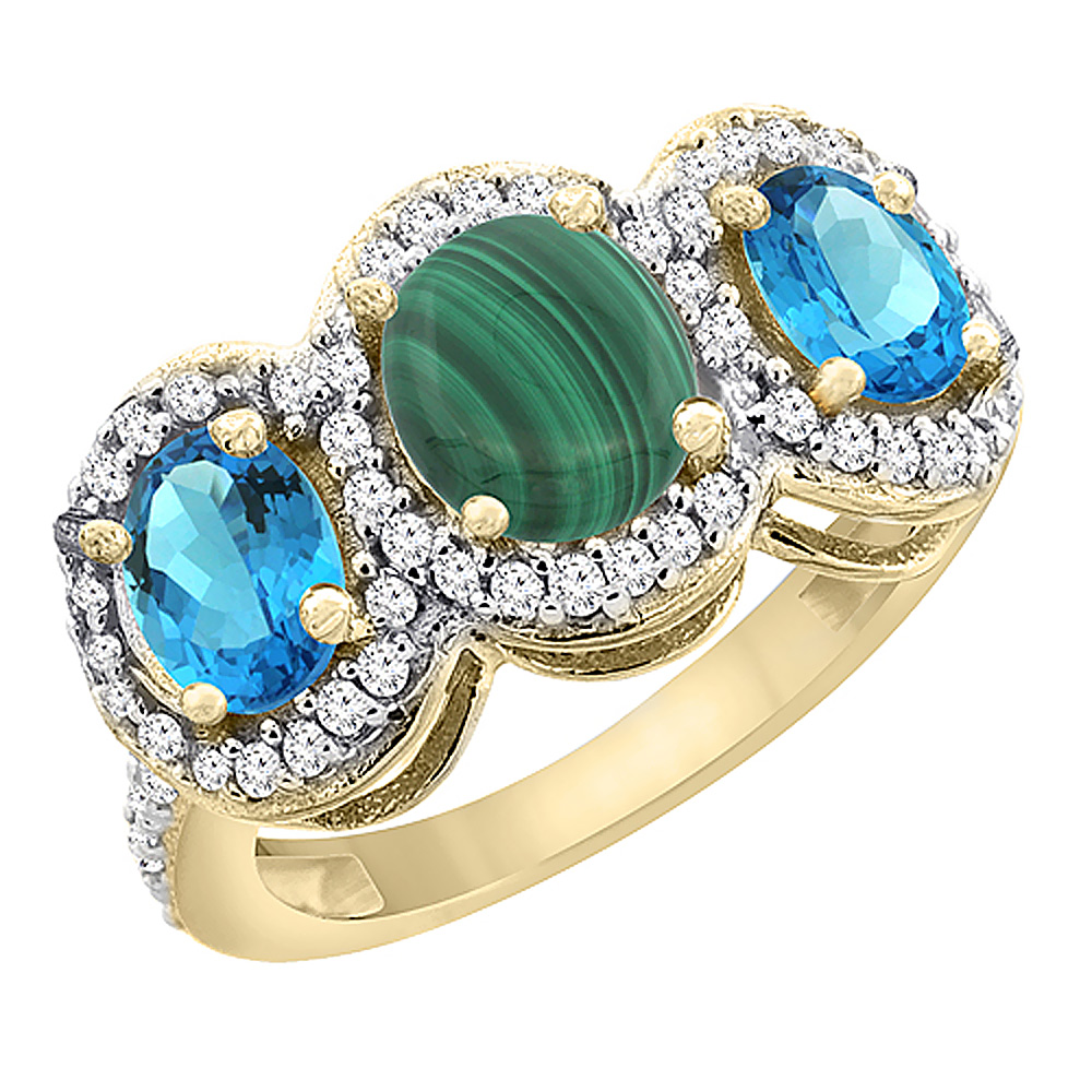 14K Yellow Gold Natural Malachite &amp; Swiss Blue Topaz 3-Stone Ring Oval Diamond Accent, sizes 5 - 10