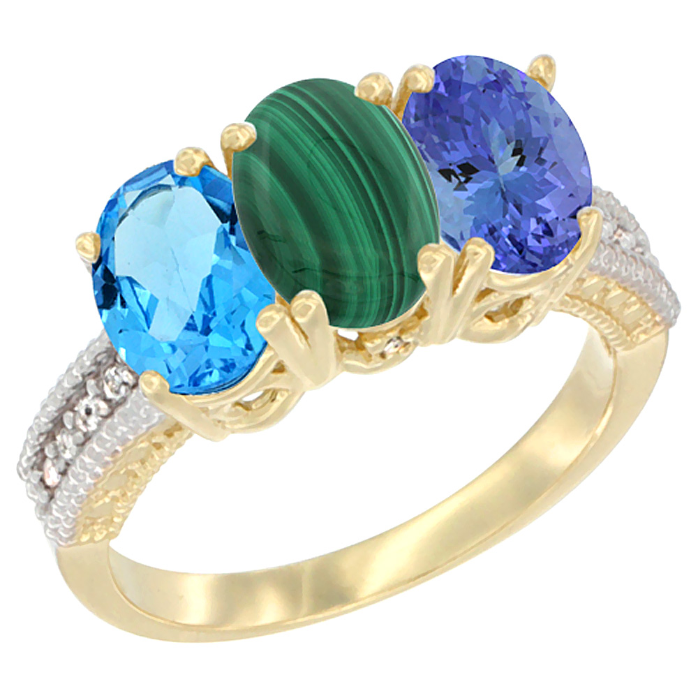 14K Yellow Gold Natural Swiss Blue Topaz, Malachite &amp; Tanzanite Ring 3-Stone 7x5 mm Oval Diamond Accent, sizes 5 - 10