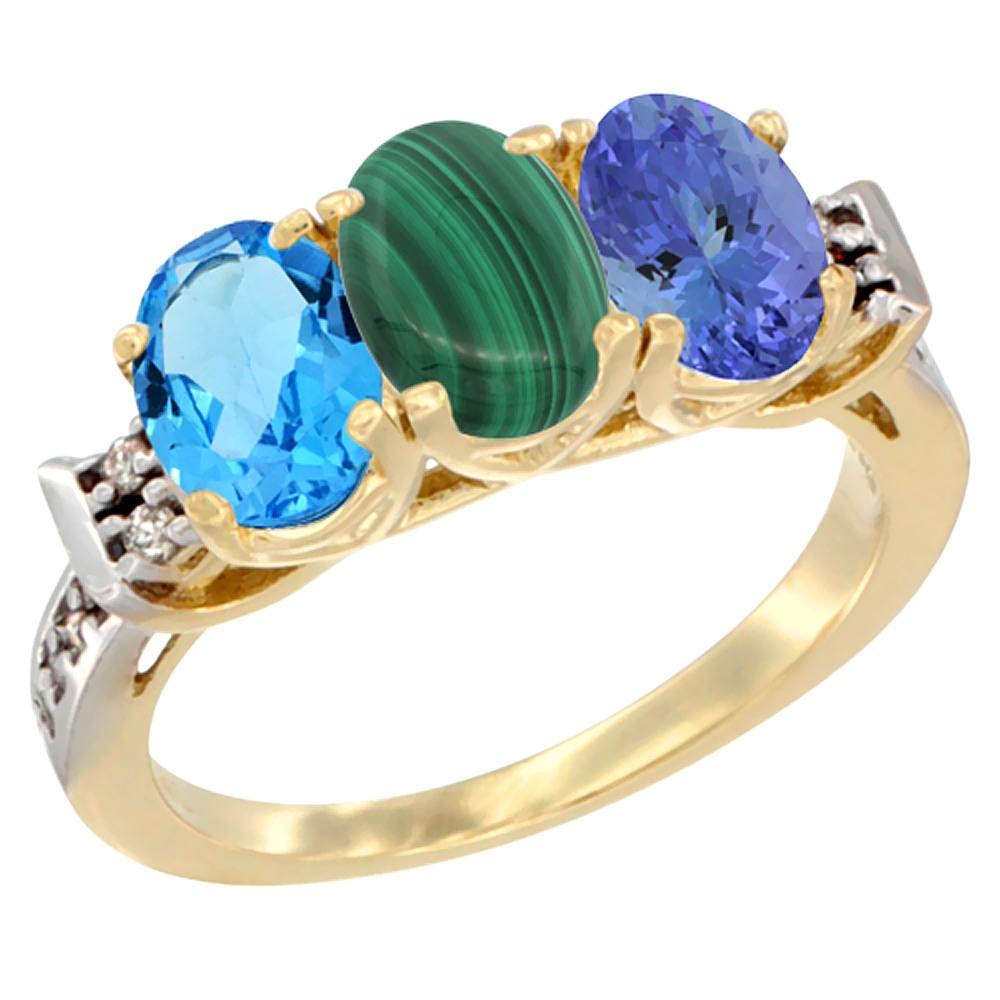 10K Yellow Gold Natural Swiss Blue Topaz, Malachite &amp; Tanzanite Ring 3-Stone Oval 7x5 mm Diamond Accent, sizes 5 - 10