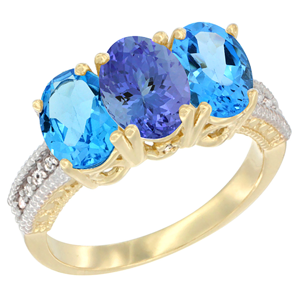 14K Yellow Gold Natural Tanzanite & Swiss Blue Topaz Sides Ring 3-Stone 7x5 mm Oval Diamond Accent, sizes 5 - 10