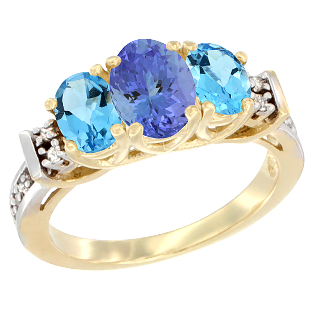 14K Yellow Gold Natural Tanzanite & Swiss Blue Topaz Ring 3-Stone Oval Diamond Accent