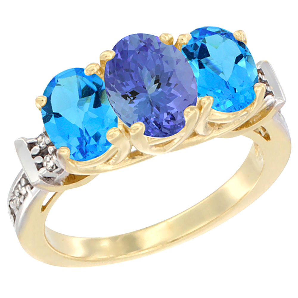 10K Yellow Gold Natural Tanzanite & Swiss Blue Topaz Sides Ring 3-Stone Oval Diamond Accent, sizes 5 - 10