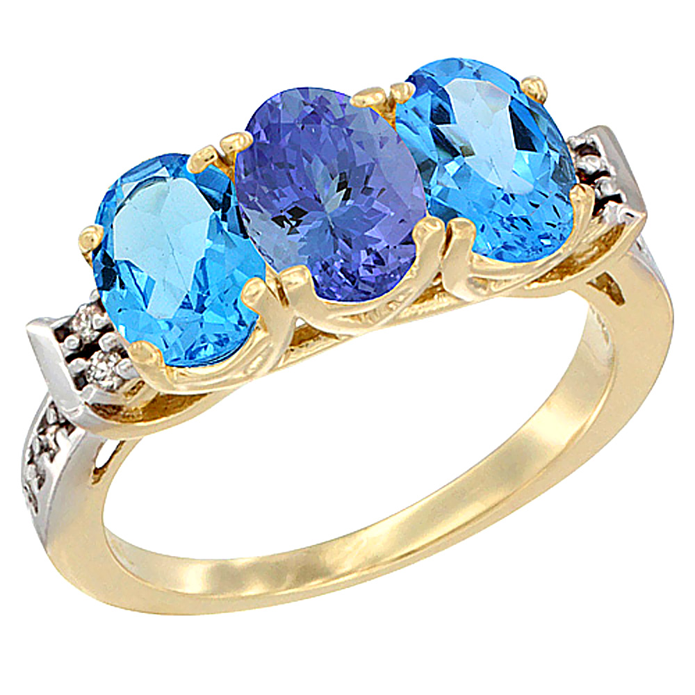 14K Yellow Gold Natural Tanzanite & Swiss Blue Topaz Sides Ring 3-Stone 7x5 mm Oval Diamond Accent, sizes 5 - 10
