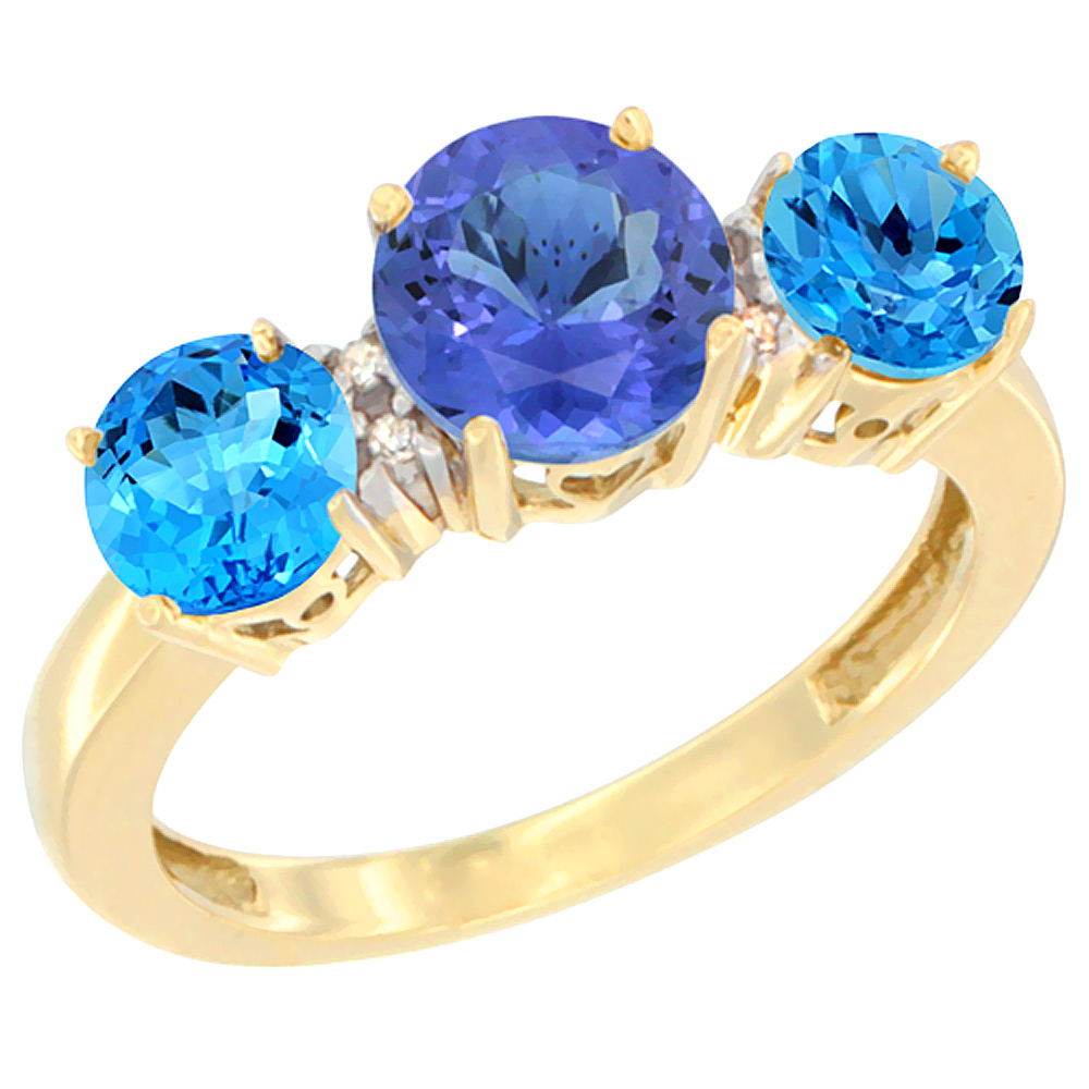 14K Yellow Gold Round 3-Stone Natural Tanzanite Ring &amp; Swiss Blue Topaz Sides Diamond Accent, sizes 5 - 10