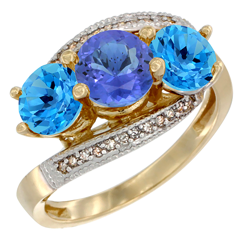 10K Yellow Gold Natural Tanzanite &amp; Swiss Blue Topaz Sides 3 stone Ring Round 6mm Diamond Accent, sizes 5 - 10