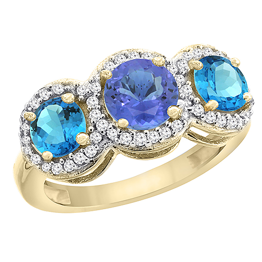 14K Yellow Gold Natural Tanzanite & Swiss Blue Topaz Sides Round 3-stone Ring Diamond Accents, sizes 5 - 10