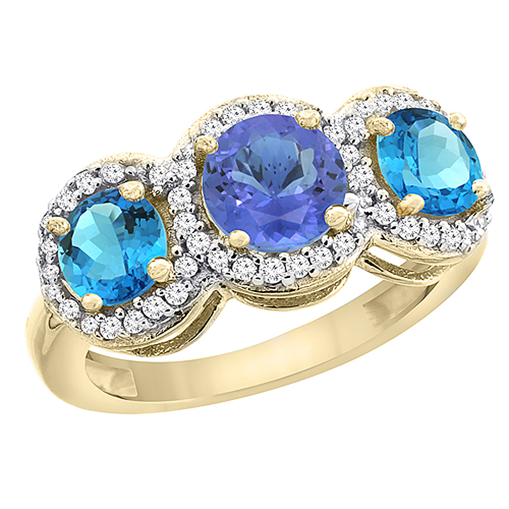 14K Yellow Gold Natural Tanzanite &amp; Swiss Blue Topaz Sides Round 3-stone Ring Diamond Accents, sizes 5 - 10