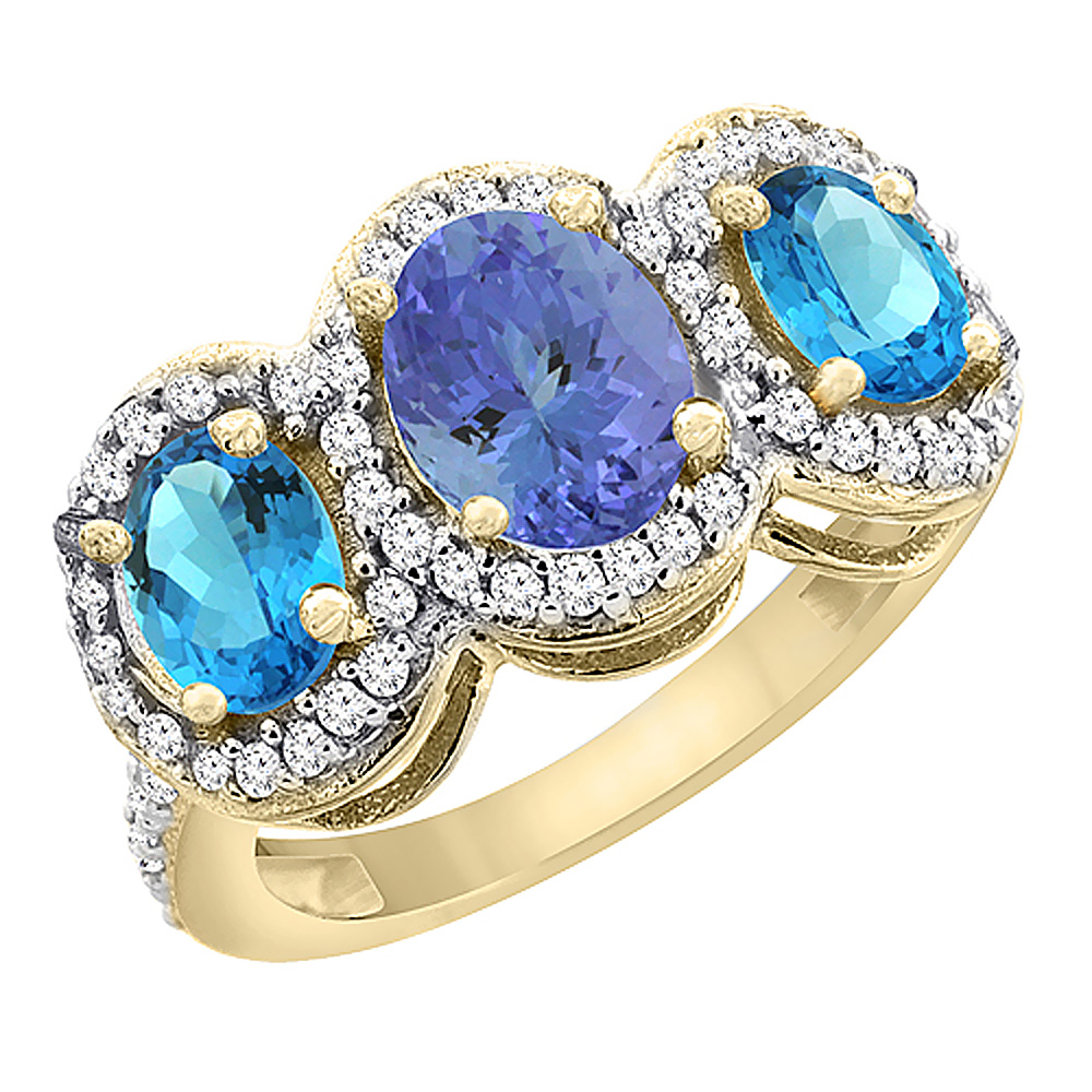 14K Yellow Gold Natural Tanzanite &amp; Swiss Blue Topaz 3-Stone Ring Oval Diamond Accent, sizes 5 - 10