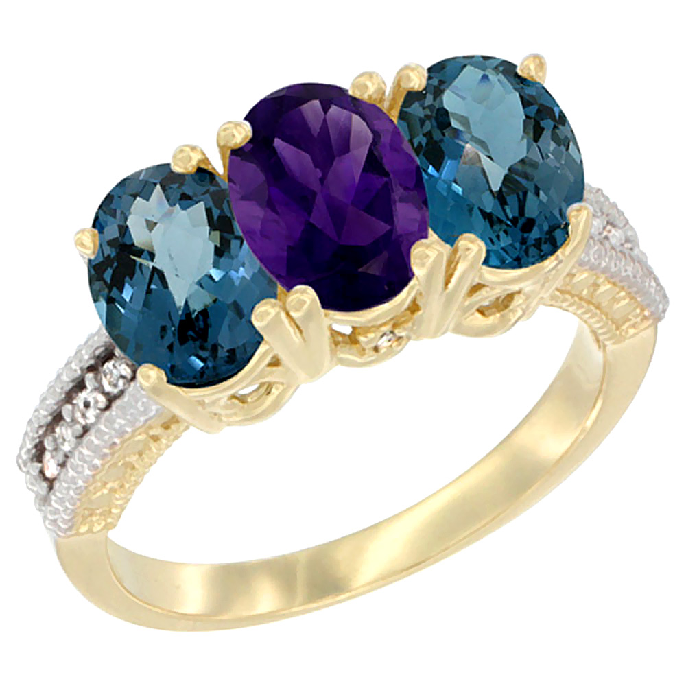 10K Yellow Gold Diamond Natural Amethyst &amp; London Blue Topaz Ring 3-Stone Oval 7x5 mm, sizes 5 - 10