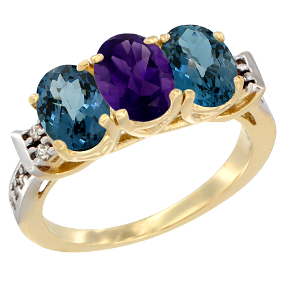 14K Yellow Gold Natural Amethyst & London Blue Topaz Sides Ring 3-Stone 7x5 mm Oval Diamond Accent, sizes 5 - 10