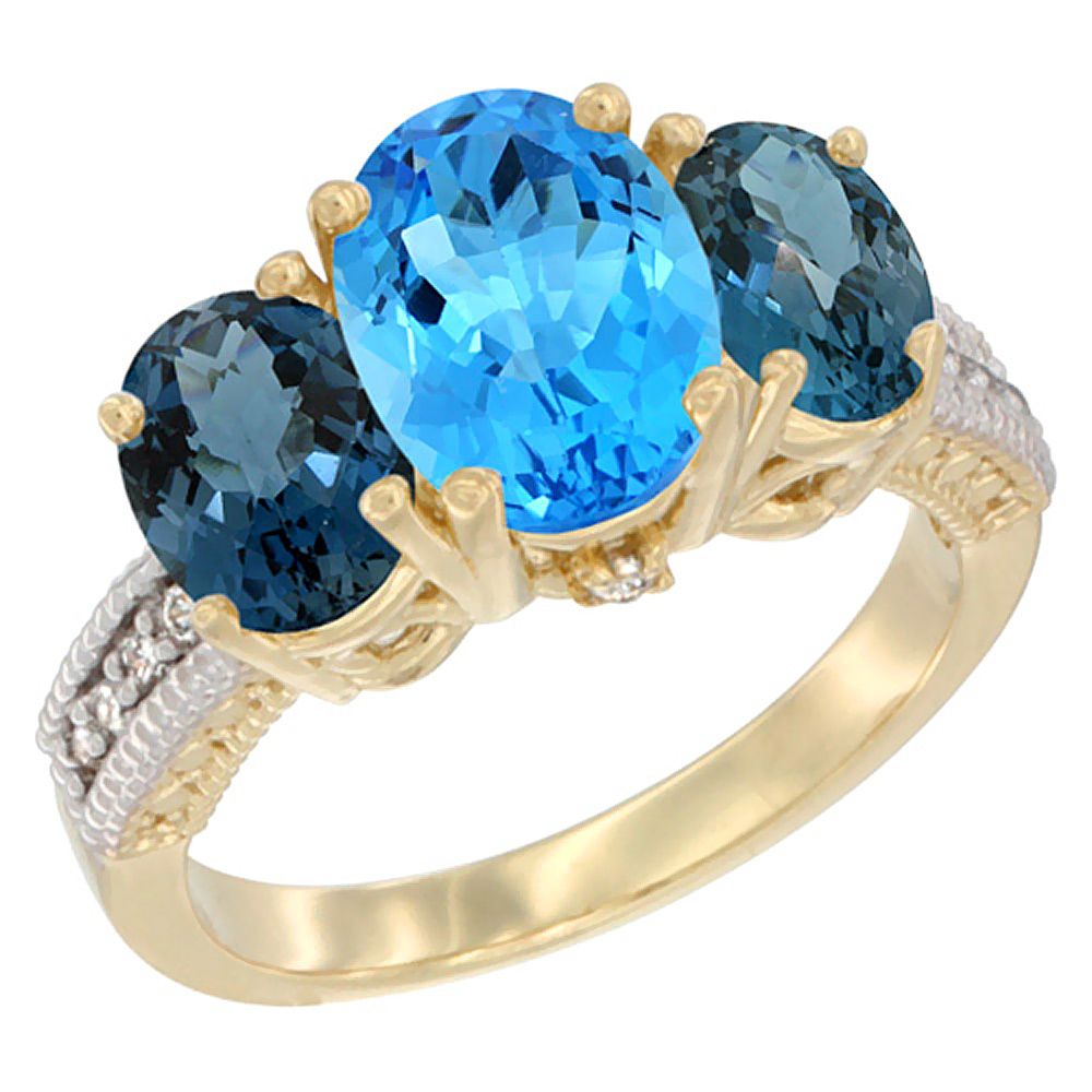 14K Yellow Gold Diamond Natural Swiss Blue Topaz Ring 3-Stone Oval 8x6mm with London Blue Topaz, sizes5-10