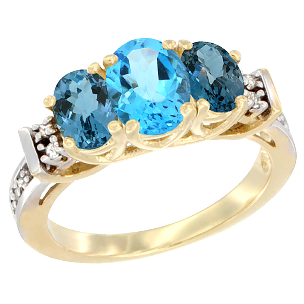 14K Yellow Gold Natural Swiss Blue Topaz & London Blue Ring 3-Stone Oval Diamond Accent