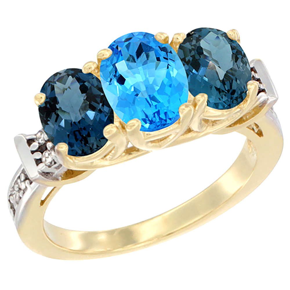 14K Yellow Gold Natural Swiss Blue Topaz &amp; London Blue Topaz Sides Ring 3-Stone Oval Diamond Accent, sizes 5 - 10