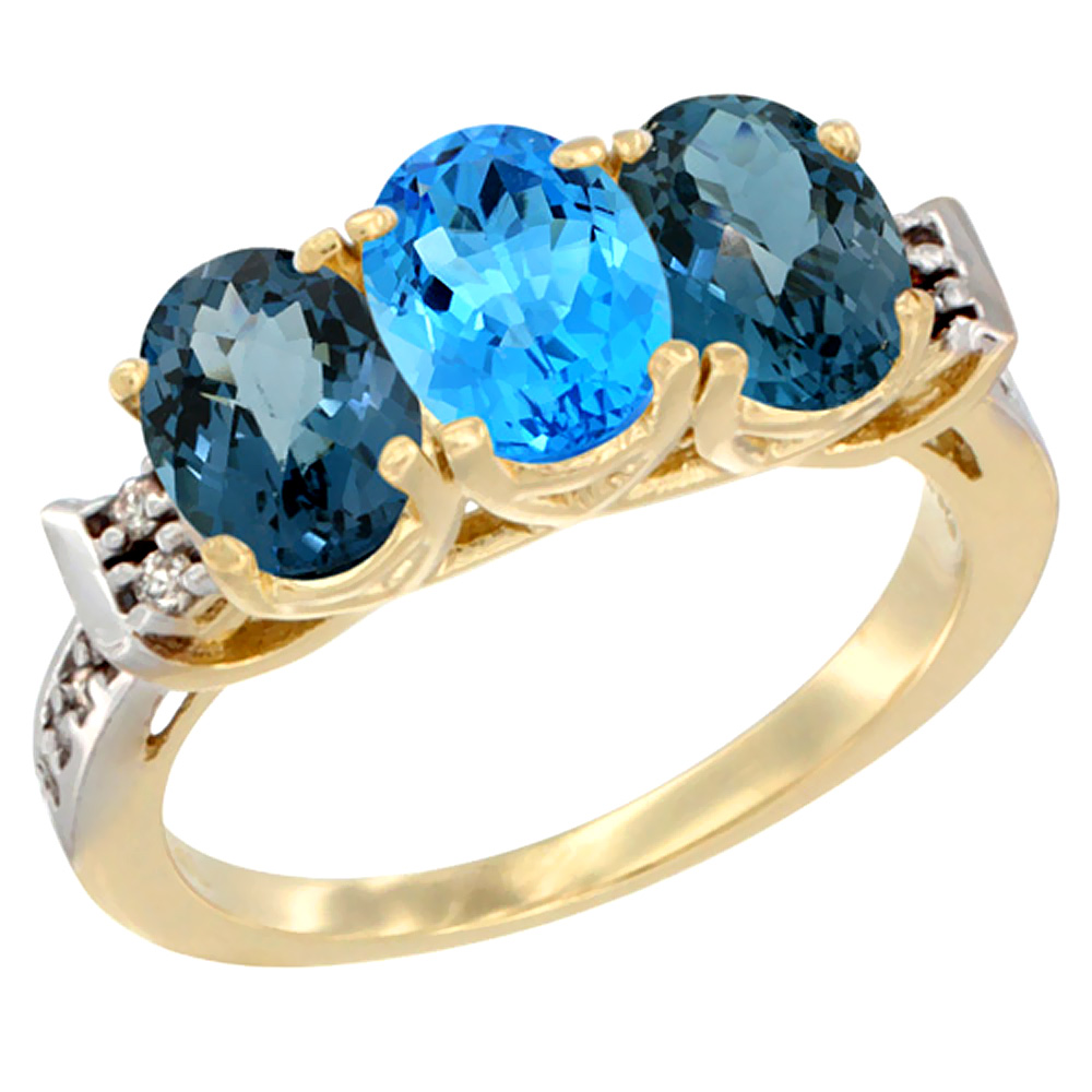 10K Yellow Gold Natural Swiss Blue Topaz & London Blue Topaz Sides Ring 3-Stone Oval 7x5 mm Diamond Accent, sizes 5 - 10