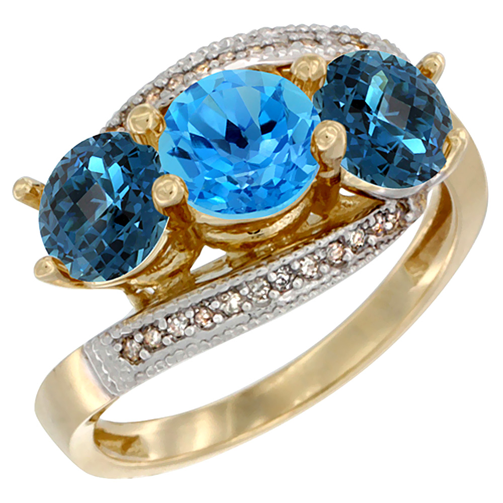 14K Yellow Gold Natural Swiss Blue Topaz &amp; London Blue Topaz Sides 3 stone Ring Round 6mm Diamond Accent, sizes 5 - 10