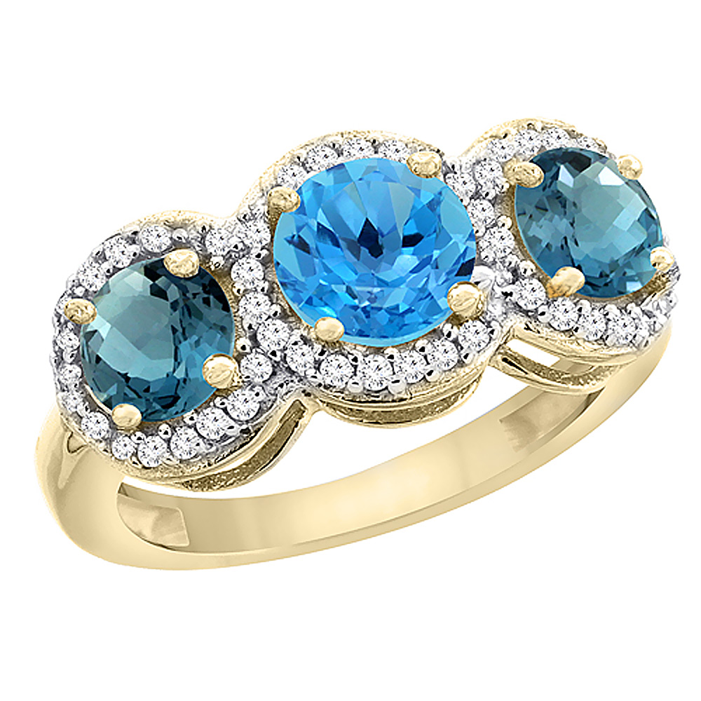 14K Yellow Gold Natural Swiss Blue Topaz &amp; London Blue Topaz Sides Round 3-stone Ring Diamond Accents, sizes 5 - 10