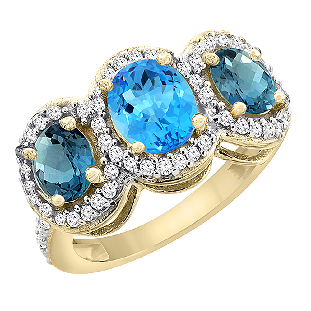14K Yellow Gold Natural Swiss Blue Topaz &amp; London Blue Topaz 3-Stone Ring Oval Diamond Accent, sizes 5 - 10
