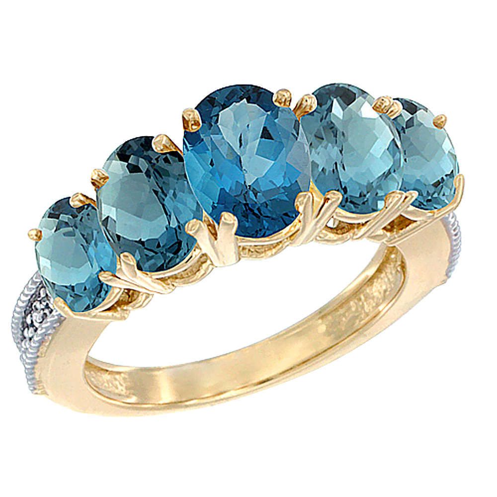 14K Yellow Gold Diamond Natural London Blue Topaz Ring 5-stone Oval 8x6 Ctr,7x5,6x4 sides, sizes 5 - 10