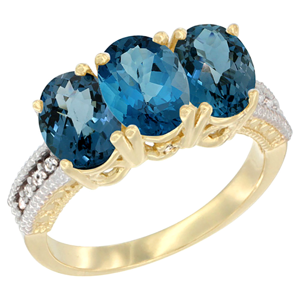 14K Yellow Gold Natural London Blue Topaz & Ring 3-Stone 7x5 mm Oval Diamond Accent, sizes 5 - 10