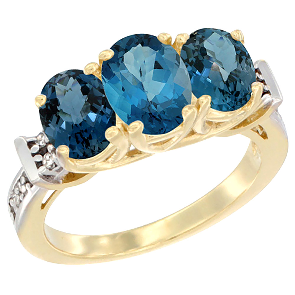 10K Yellow Gold Natural London Blue Topaz Ring 3-Stone Oval Diamond Accent, sizes 5 - 10