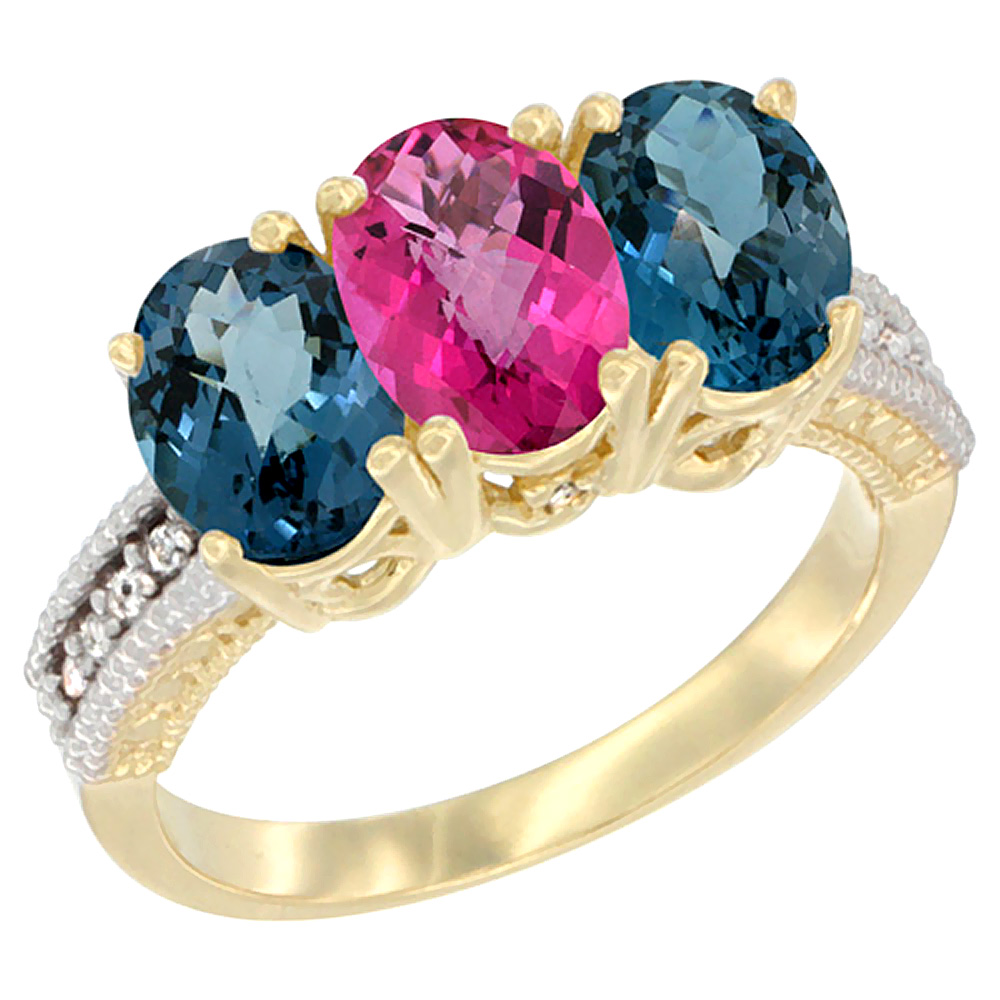 14K Yellow Gold Natural Pink Topaz & London Blue Topaz Sides Ring 3-Stone 7x5 mm Oval Diamond Accent, sizes 5 - 10