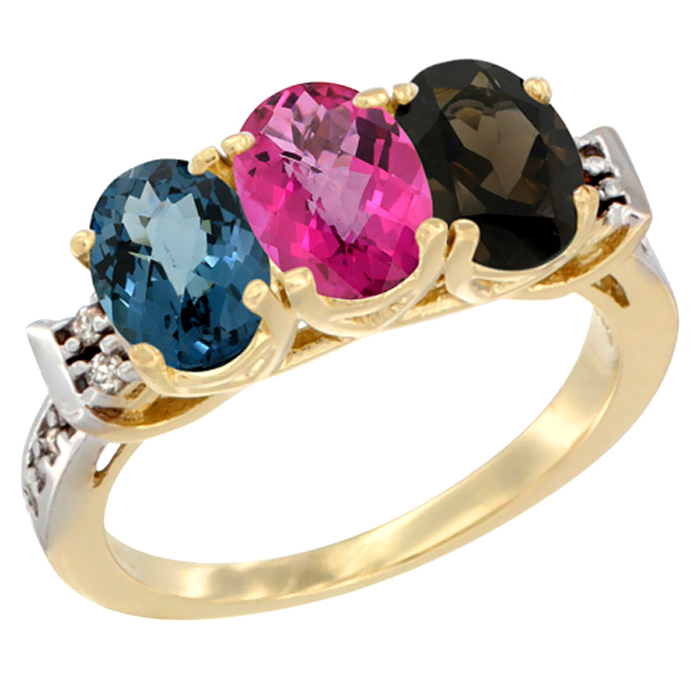 10K Yellow Gold Natural London Blue Topaz, Pink Topaz & Smoky Topaz Ring 3-Stone Oval 7x5 mm Diamond Accent, sizes 5 - 10