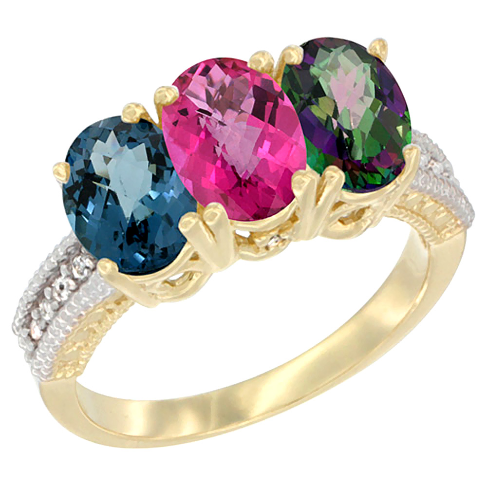 10K Yellow Gold Diamond Natural London Blue Topaz, Pink Topaz &amp; Mystic Topaz Ring 3-Stone Oval 7x5 mm, sizes 5 - 10