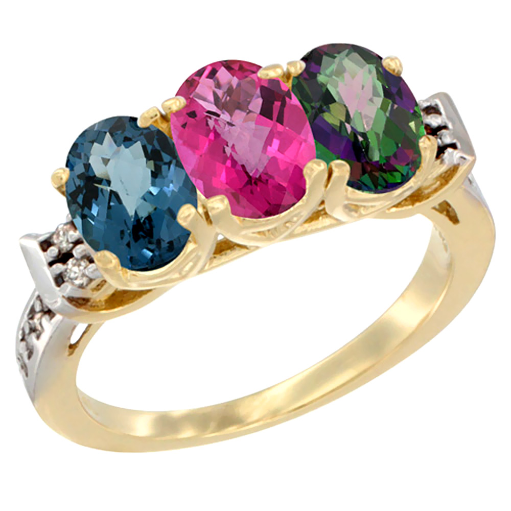 14K Yellow Gold Natural London Blue Topaz, Pink Topaz & Mystic Topaz Ring 3-Stone 7x5 mm Oval Diamond Accent, sizes 5 - 10